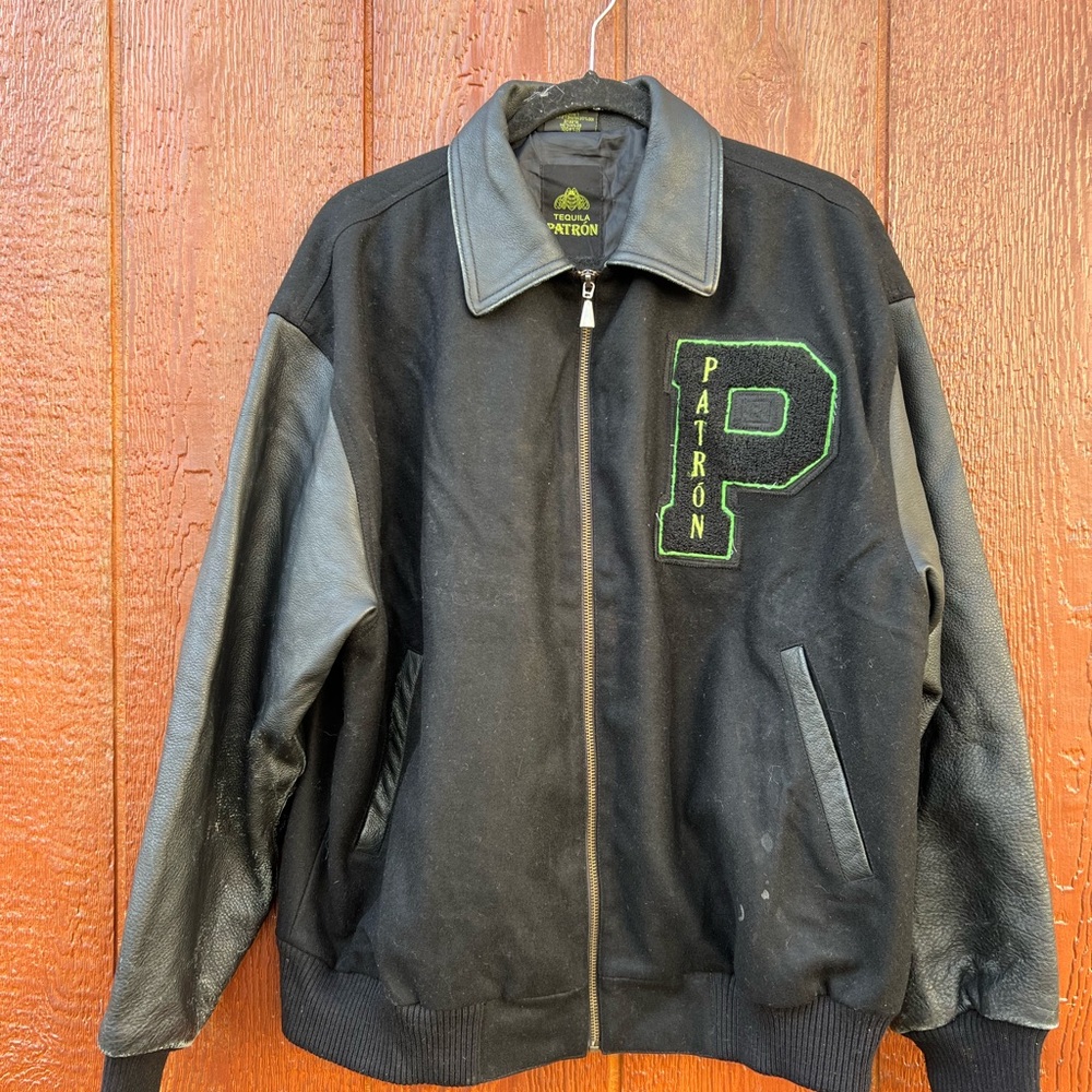 Y2K PATRON TEQUILA BLACK WOOL LEATHER LETTERMAN VARSITY JACKET SZ large vintage